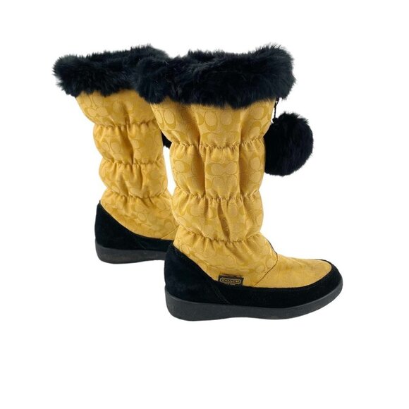 Coach Theona Gold Rabbit Fur Trim Winter Boots Womens 7B Logo Print Poof Zipper - Picture 5 of 10